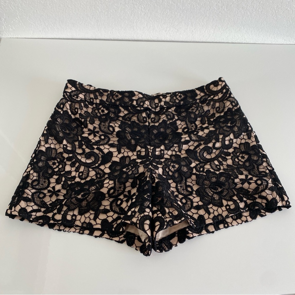 Alice + Olivia Black Lace Overlay Nude High-Waist Shorts